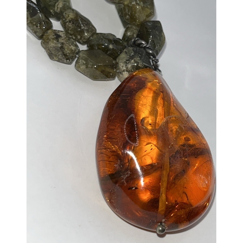Green Amethyst & Baltic Amber 18" Necklace Sterling Clasp Earthy Natural Rustic - Picture 4 of 6